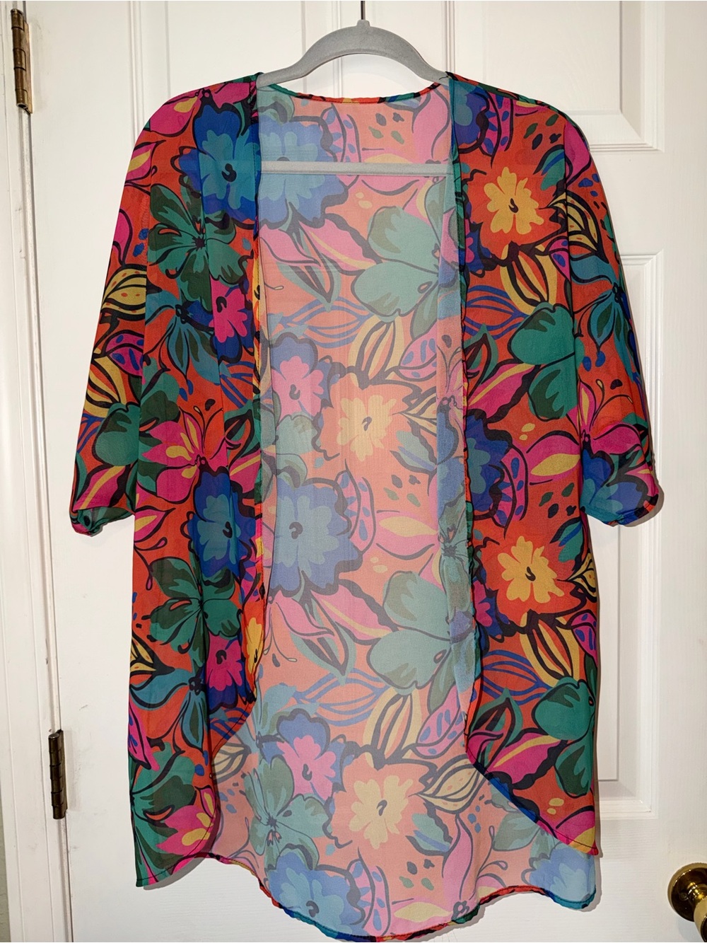 Lightweight Floral Print Sheer Kimono in Coral, Teal & Pink - Picture 1 of 5